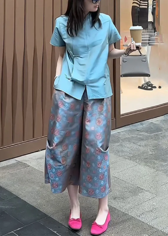 Special Buy New Blue Button Shirt And Crop Pants Two-Piece Set Summer QT031