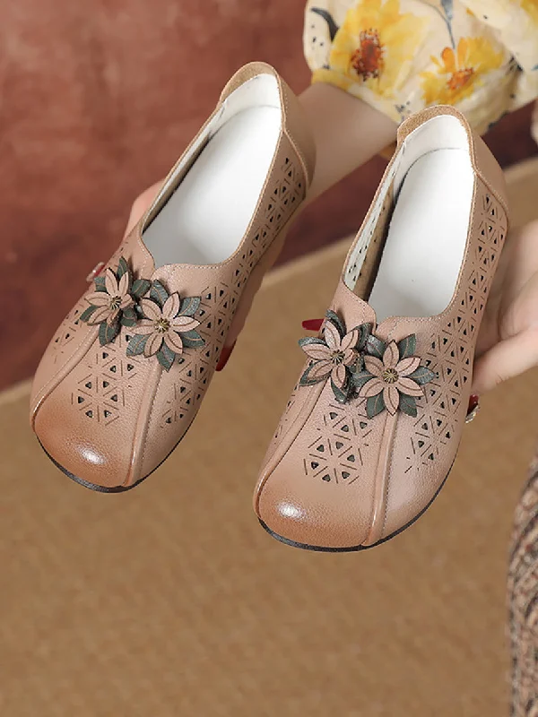 Deal Explosion Women Vintage Leather Flower Cutout Flat Shoes PA1026