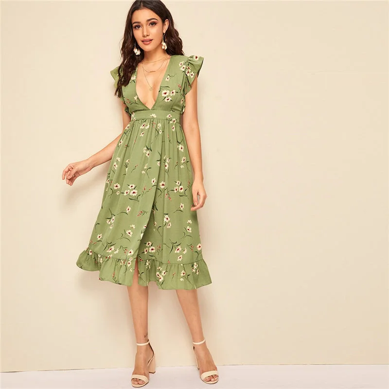 Special Promotion Women's Summer A-Line V-Neck Sleeveless Dress With Ruffles