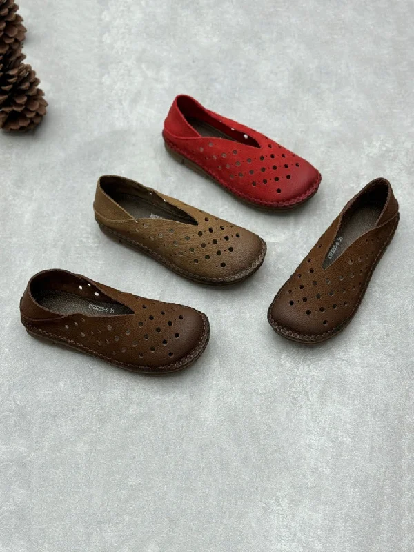 Special Discount Women Summer Vintage Leather Cutout Flat Shoes QW1051