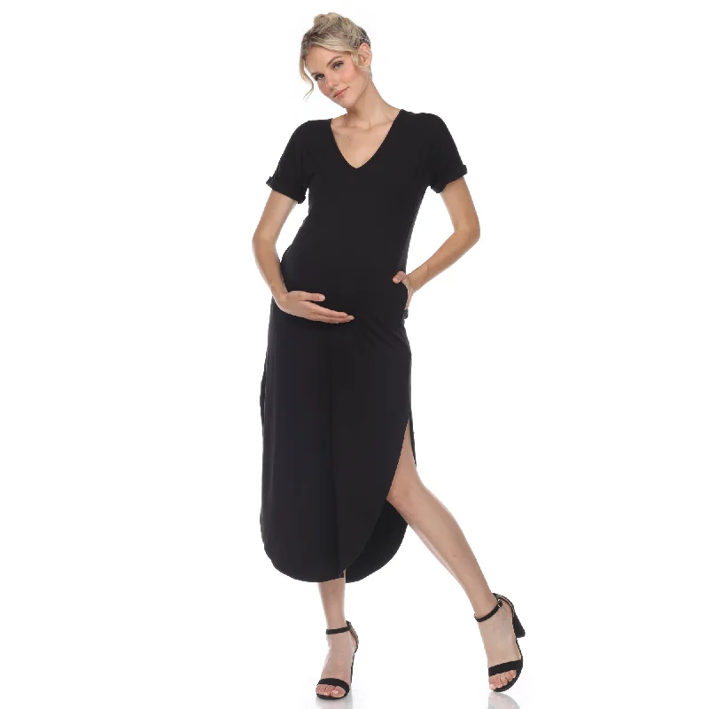 Sale Event White Mark Womens Maternity V-neck Maxi Dress with Pockets Size S-3X White Sale Event White Mark Womens Maternity V-neck Maxi Dress with Pockets Size S-3X White