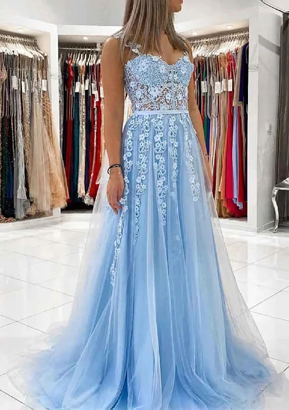 Lowest Prices Ball Gown Princess Sweetheart Tulle Sweep Train Corset Prom Dress With Appliqued Lace outfit