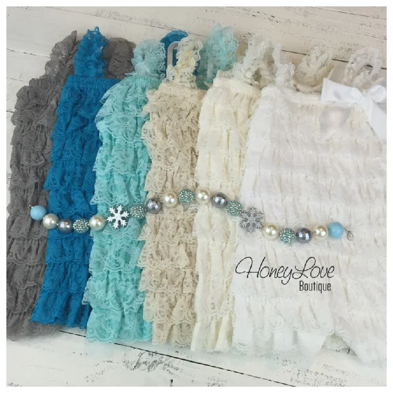 New Markdowns Lace Petti Romper - Grey, Turquoise, Aqua, Champagne, Ivory, White