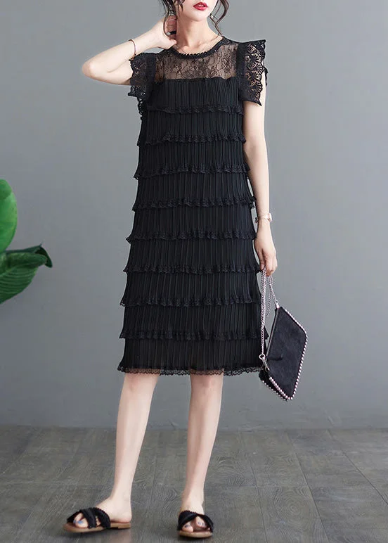 Today Only Sexy Black O-Neck Tulle Patchwork Vacation Long Layered Dresses Summer AC2086
