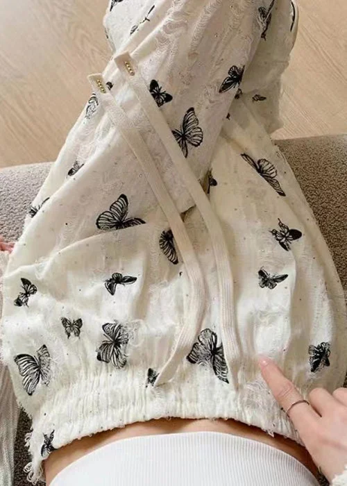 Warehouse Sale New White Butterfly Hollow Out Elastic Waist Cotton Pants Summer AB1003