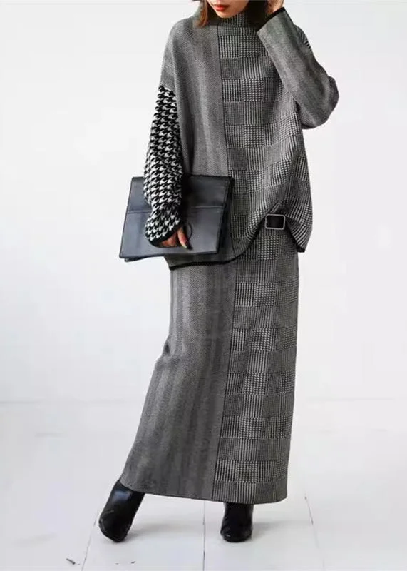 Special Savings Loose Grey Plaid Knit Sweaters And Skirts Two Piece Set Outfits Fall WE017 Special Savings Loose Grey Plaid Knit Sweaters And Skirts Two Piece Set Outfits Fall WE017