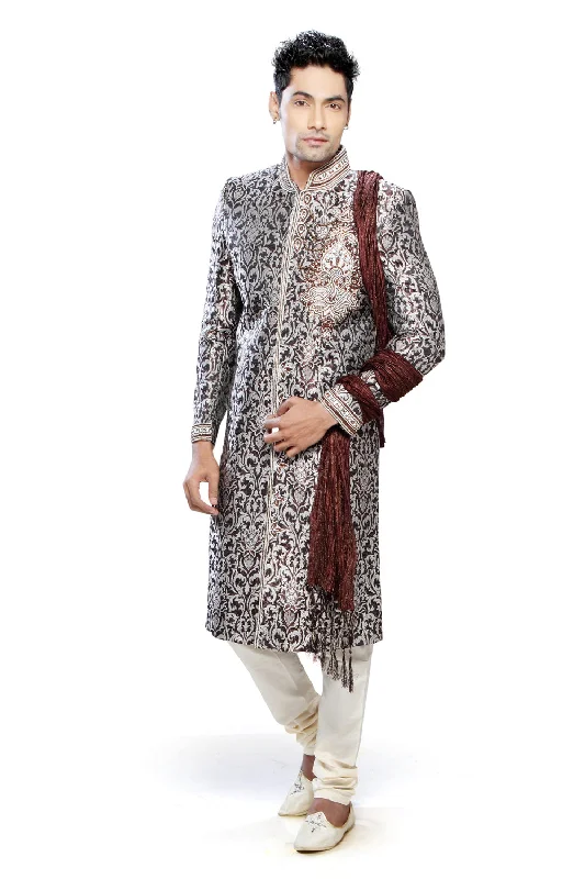 Can't Miss Traditional Saddle Brown and Off White Brocade Silk Indian Wedding Sherwani For Men