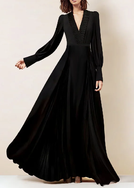 Deal of the Day Italian Black V Neck Wrinkled Zippered Chiffon Maxi Dresses Fall AM1028