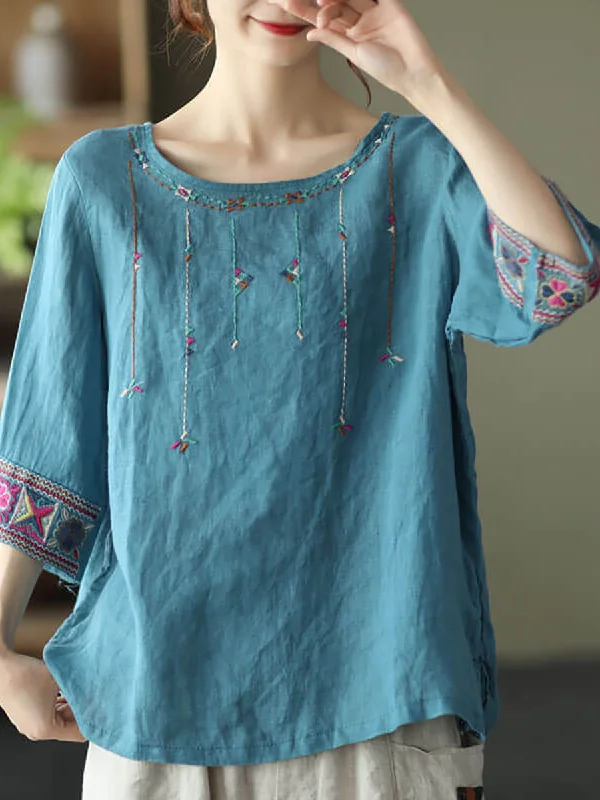 Factory Direct Sale Plus Size Women Linen Vintage Embroidered T-shirt QW1029