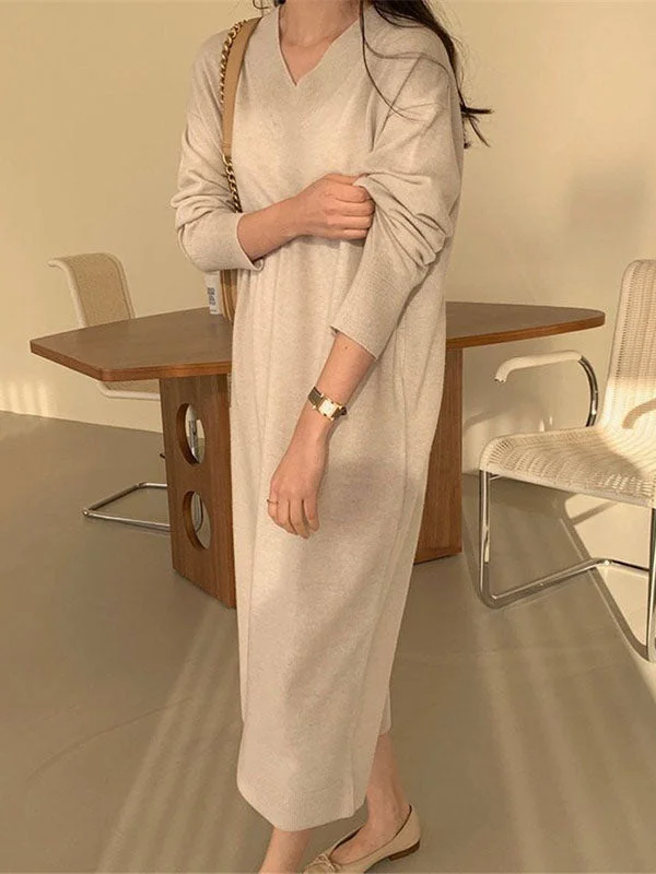Savings Galore Urban Apricot V-Neck Long Sleeve Knit Dress AN1075