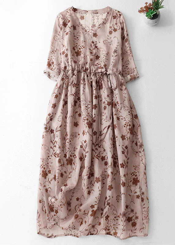 Holiday Sale Pink Print Boho Cotton Long Dress V Neck Drawstring Summer AM1068