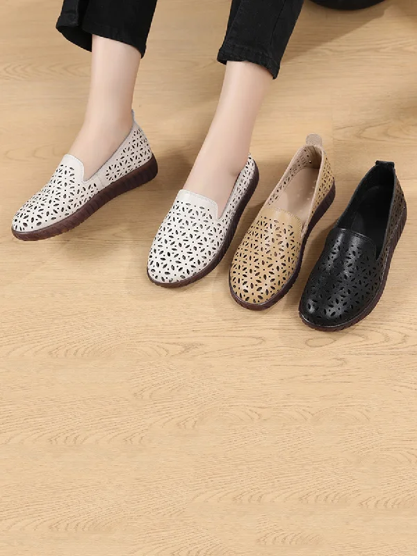 Deal Zone Women Summer Solid Leather Cutout Flat Soft Shoes UI1027