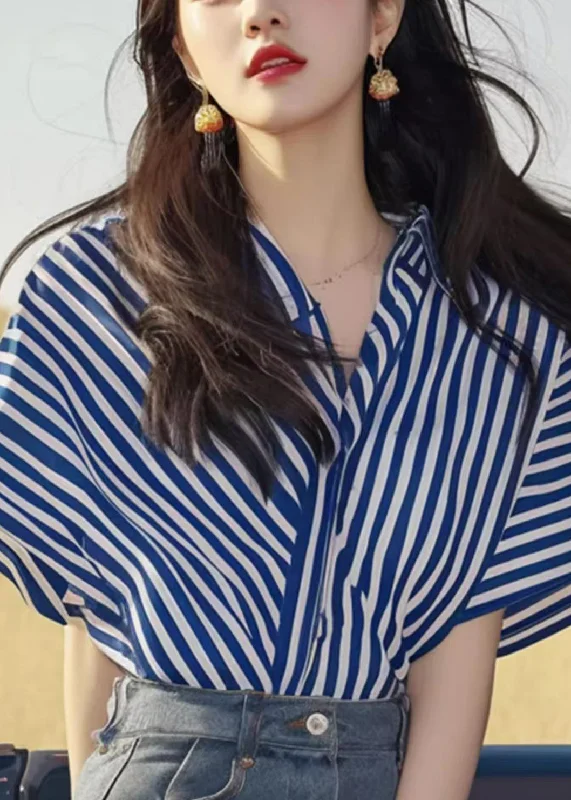 Seasonal Clearance French Striped V Neck Patchwork Cotton Shirt Summer QT038