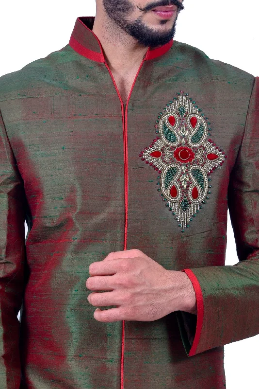 Limited Availability Deep Jungle Green Silk Traditional Indian Wedding Indo-Western Sherwani for Men