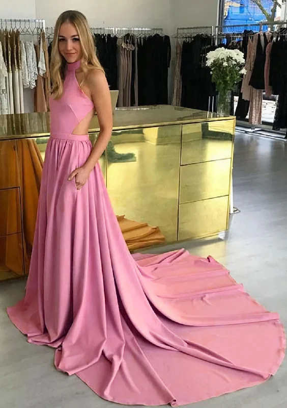 Crazy Deals Elastic Satin Corset Prom Dress A-Line/Princess High-Neck Chapel Train With Pleated Gowns