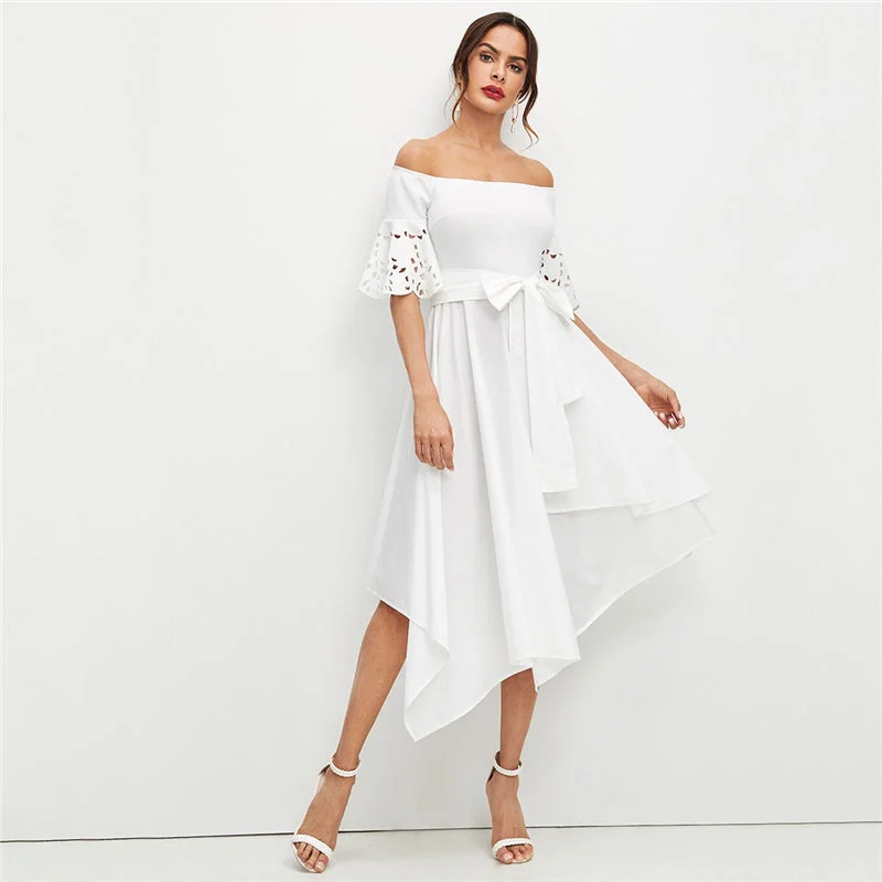 Savings Event Women's Summer Belted Off-Shoulder Cut-Sleeved Midi Dress
