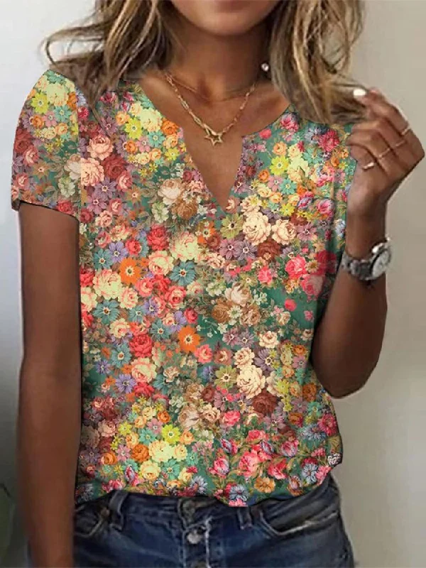 Final Clearance Casual Floral Loose Notched T-Shirt  cc195