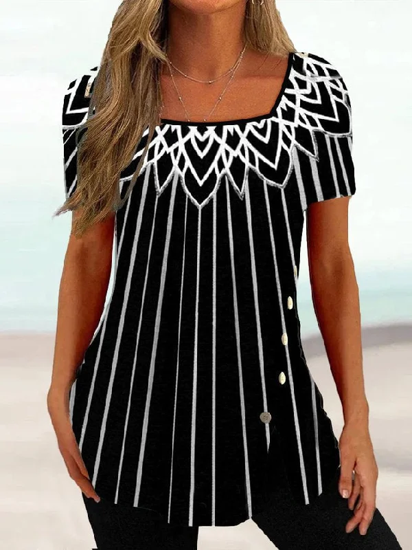 Great Bargains Women's Casual Square Neck Regular Fit Geometric T-Shirt ap69