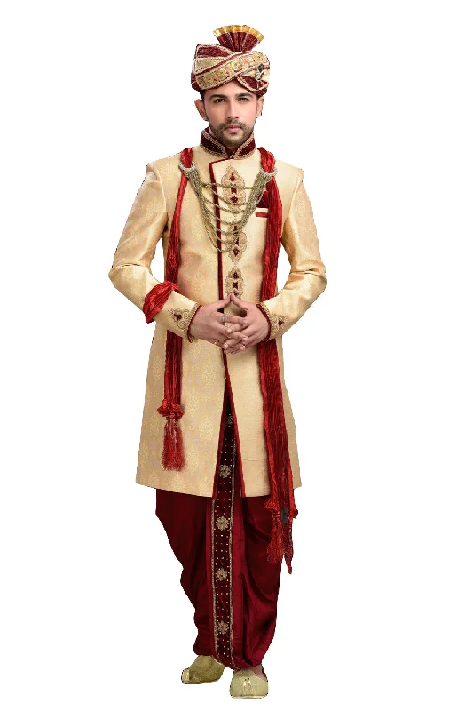 Incredible Offers Ethnic Dark Cream Brocade Jamawar And Jute Silk Indian Wedding Sherwani For Men