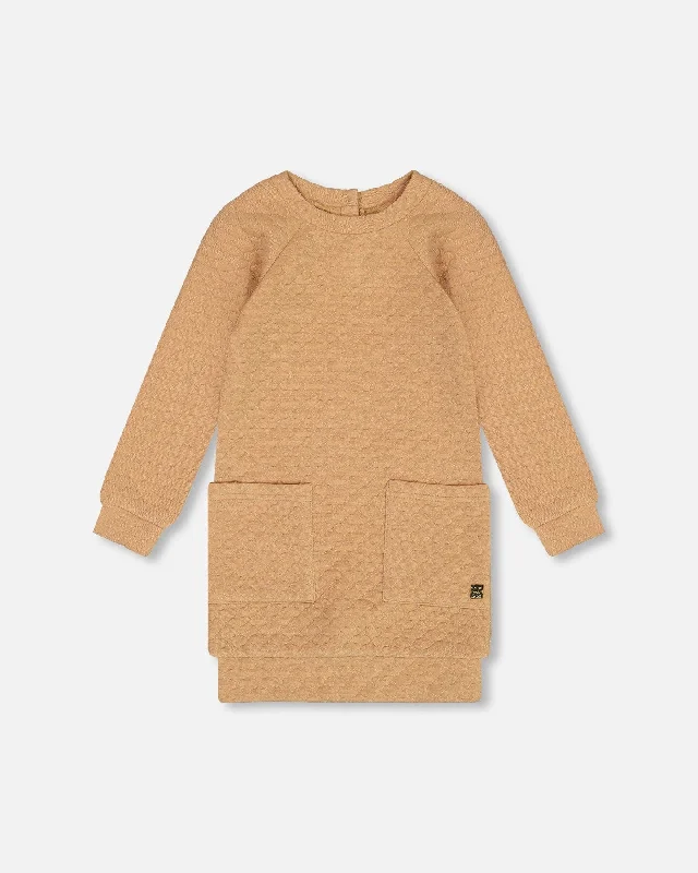 The Best Prices Long Sleeve Shiny Quilted Dress With Pocket Golden Brown