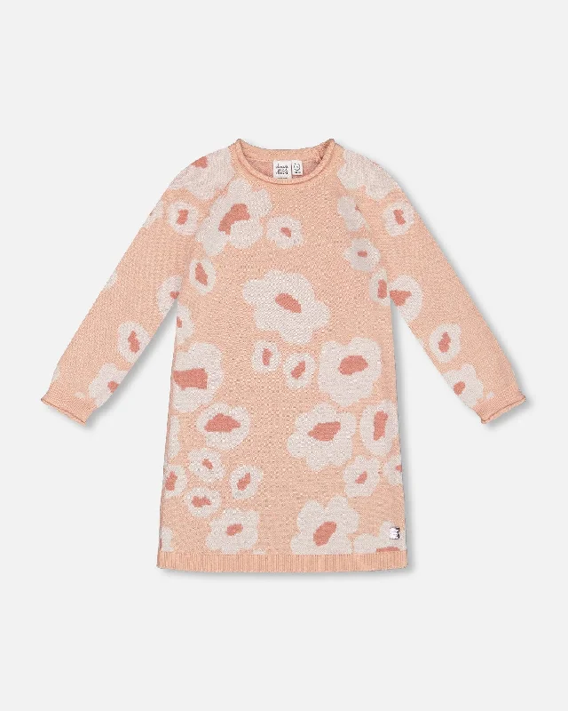Can't Miss Jacquard Retro Flower Knit Dress Light Pink