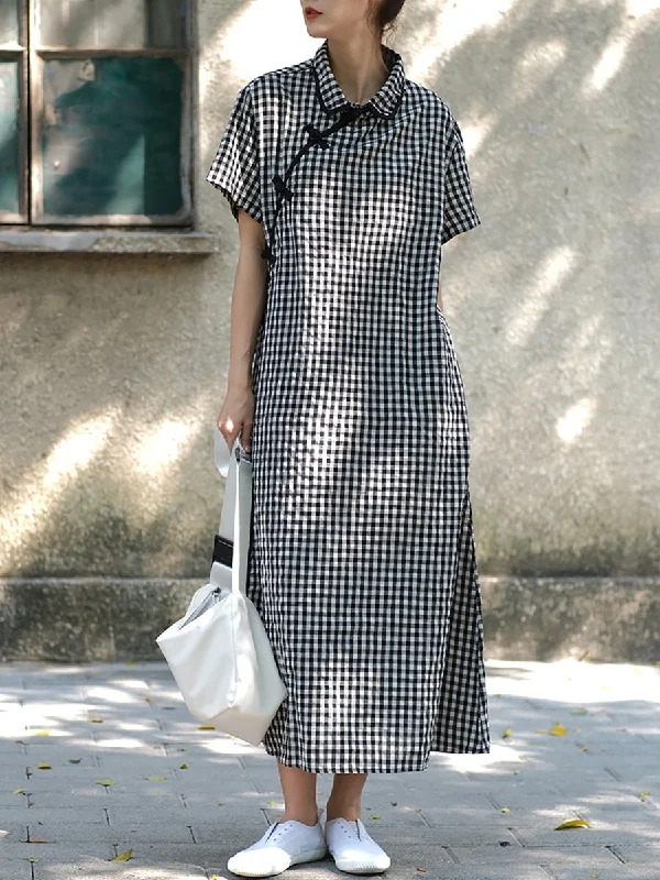 Price Smash Plus Size Women Summer Vintage Plaid Frog Loose Dress WE1031