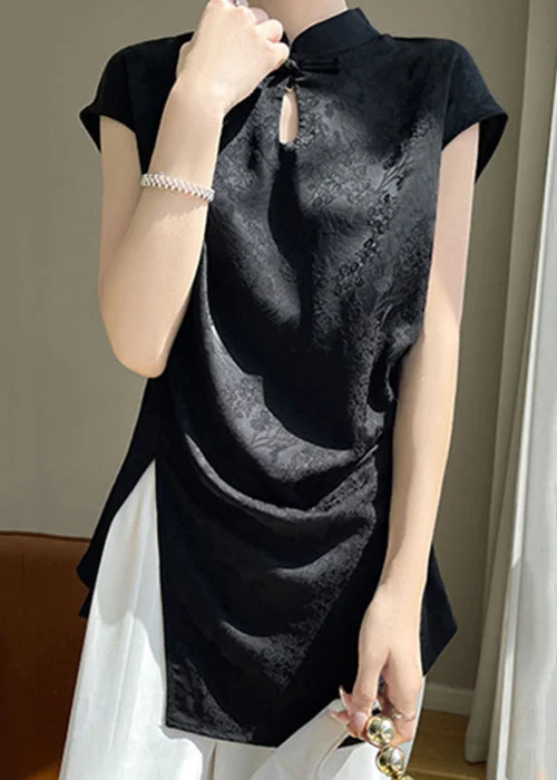 Markdown Madness New Black Stand Collar Front Open Silk Blouse Summer AB1007