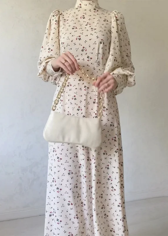 Act Fast 2024 Autumn Apricot Lace Up Stand Collar Print Chiffon Dress WO056