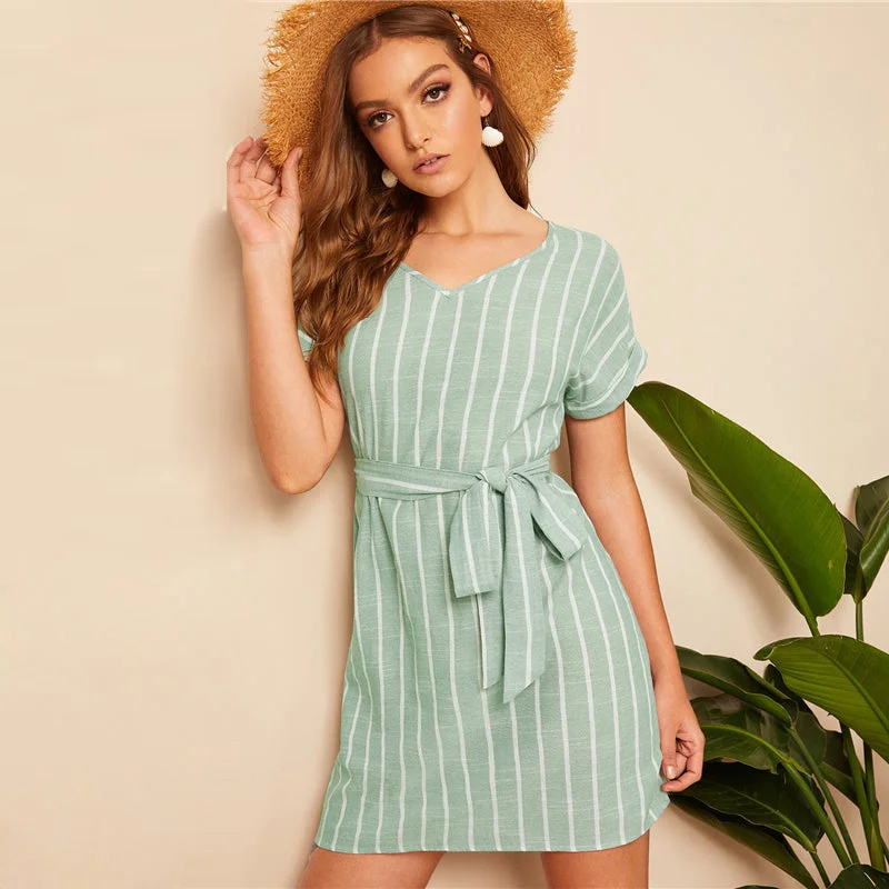Massive Deals Women's Summer V-Neck Belted Short-Sleeved Striped Dress