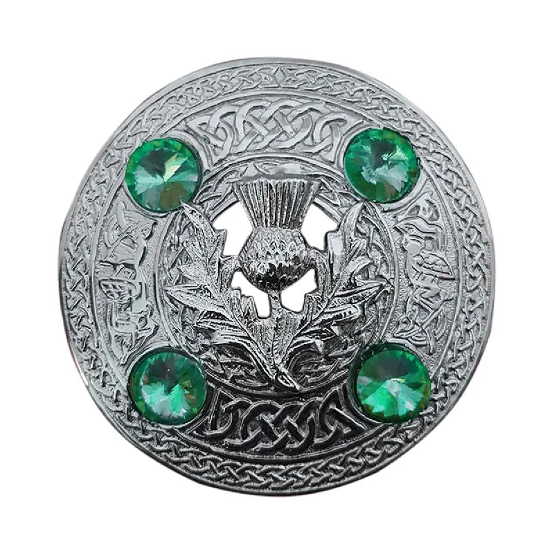 Fantastic Offers Plaid Brooch Thistle Flower Round 4 Green Stones