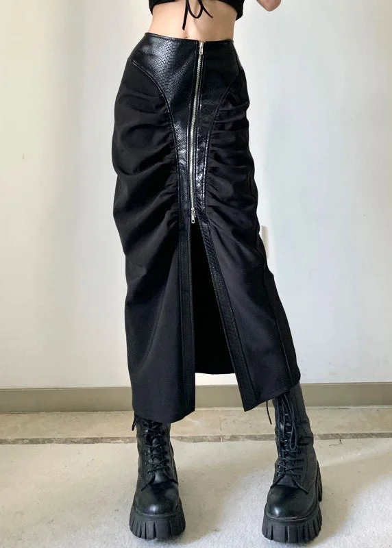 Online Only Stylish Black Zip Up Faux Leather Patchwork Cotton Skirt Fall WP046