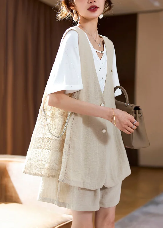Can't Miss Loose Khaki V Neck Button Cotton Two Pieces Set Summer AC1004