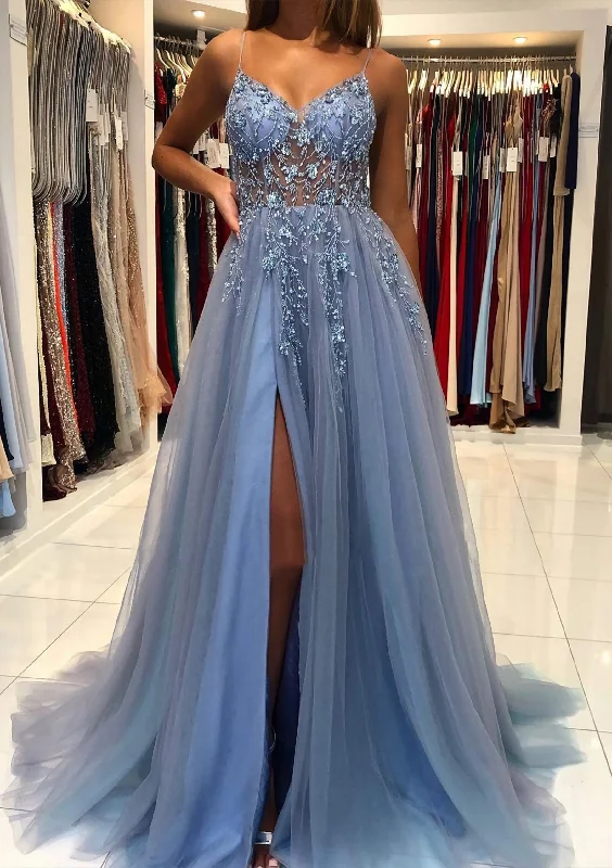 Price Buster A-line V Neck Spaghetti Straps Sweep Train Tulle Corset Prom Dress With Beading Sequins Split Gowns
