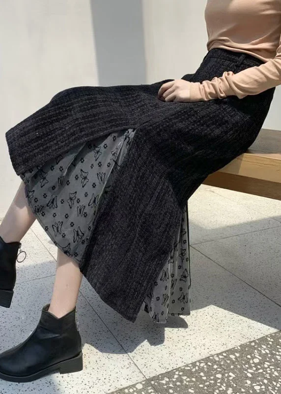 Great Deals French Black High Waist Patchwork Cotton Skirts Spring RV010