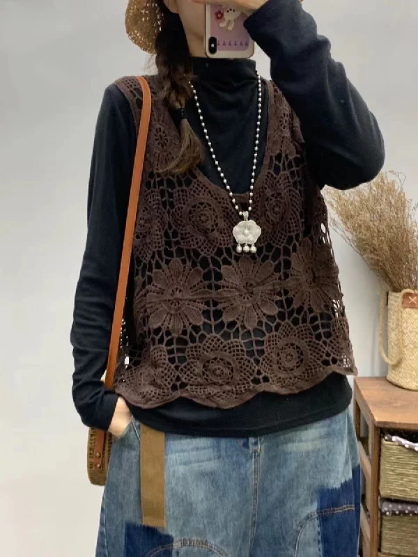 Price Fest Women Summer Artsy Flower Knitted Cutout V-neck Vest CV1023