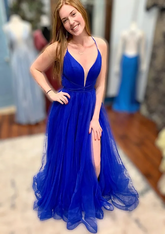 Closeout A-line V Neck Spaghetti Straps Court Train Tulle Corset Prom Dress With Split outfit Closeout A-line V Neck Spaghetti Straps Court Train Tulle Corset Prom Dress With Split outfit