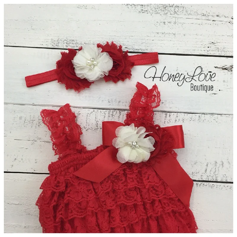 Major Savings Lace Petti Romper - Embellished Christmas Red Lace Petti Romper and matching red/ivory headband Major Savings Lace Petti Romper - Embellished Christmas Red Lace Petti Romper and matching red/ivory headband