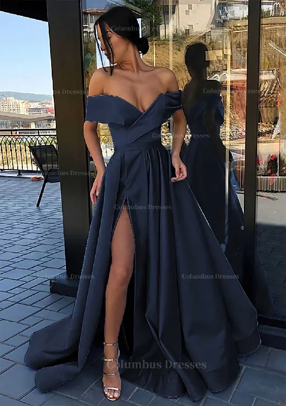 Best Deals A-line Off-the-Shoulder Cap Straps Sweep Train Satin Prom Dress With Pleated Split
