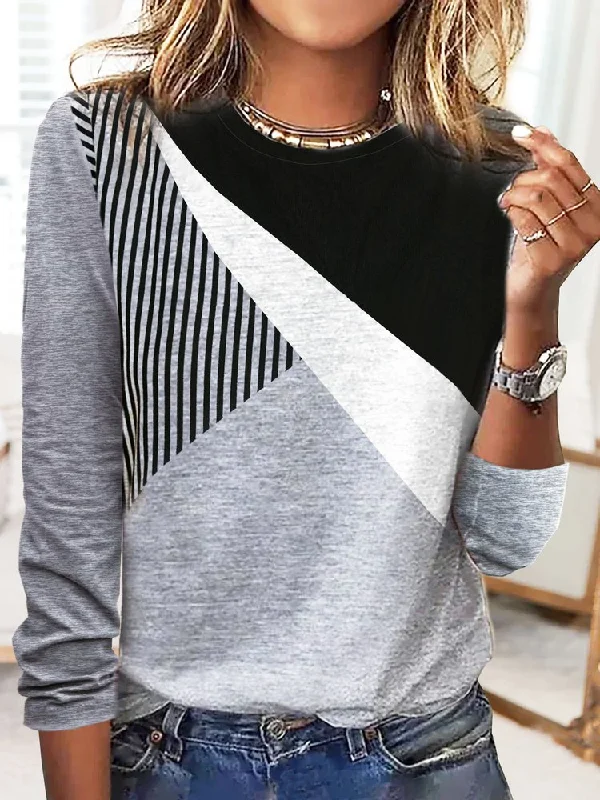 Act Fast Striped Patchwork Contrast Printed Casual Long-sleeve T-shirt  QH104