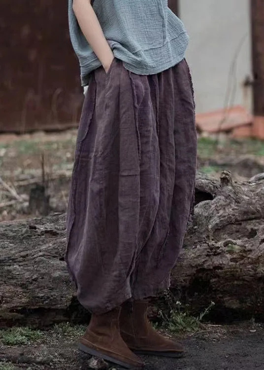 Today's Special Retro Purple Pockets Elastic Waist Linen Crop Pants Summer QE026