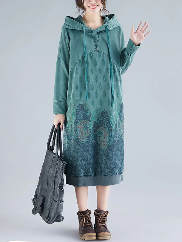 Season Finale Sale Women Ethnic Autumn Print Hooded Cotton Dress QU023