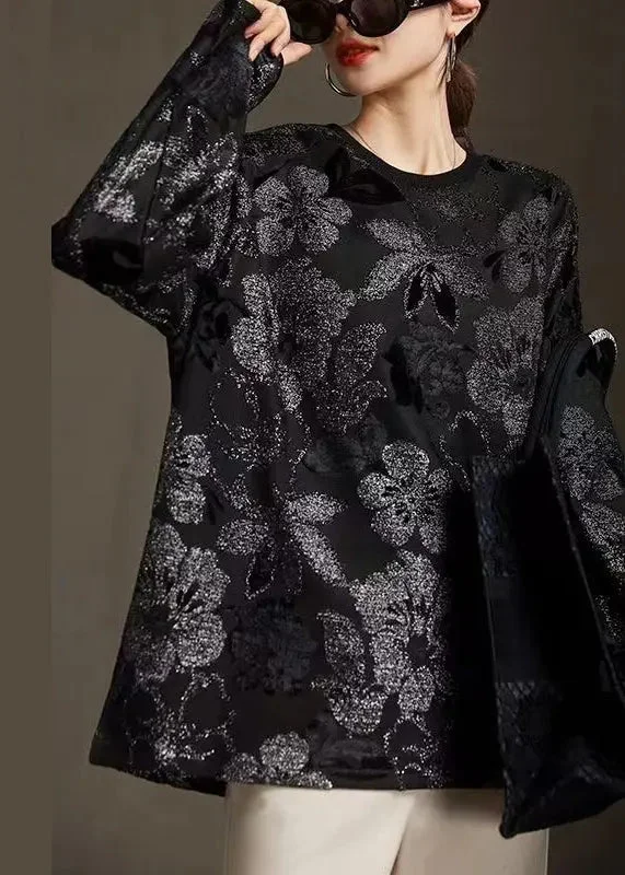 Crazy Deals New Black Round Neck Hot Stamping Bright Silk T-Shirt Spring HA1040