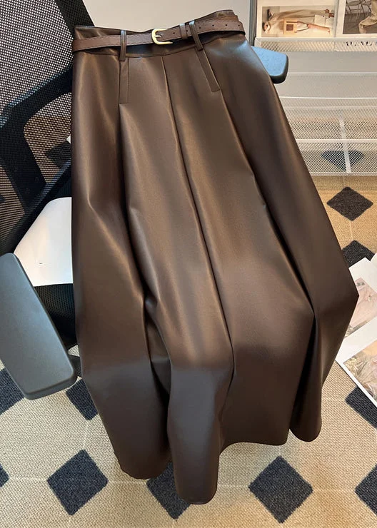 Savings Bonanza New Coffee Zippered High Waist Faux Leather Skirt Winter ER022