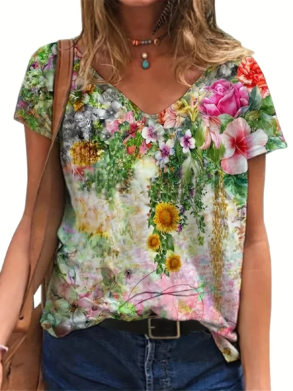 Steals and Deals Floral Print V Neck T-Shirt, Casual Short Sleeve T-Shirt For Spring & Summer, Women's Clothing RA109 Steals and Deals Floral Print V Neck T-Shirt, Casual Short Sleeve T-Shirt For Spring & Summer, Women's Clothing RA109