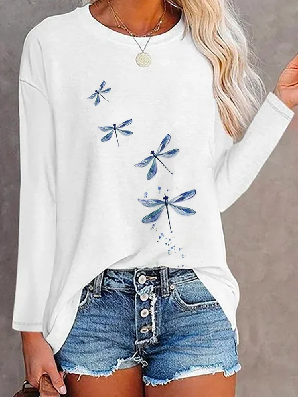 Big Savings Dragonfly Printed Crew Neck Long Sleeve T-Shirt  QH111