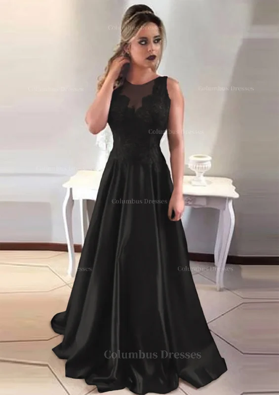 Price Fest Satin Prom Dress A-Line/Princess Scoop Neck Sweep Train With Appliqued