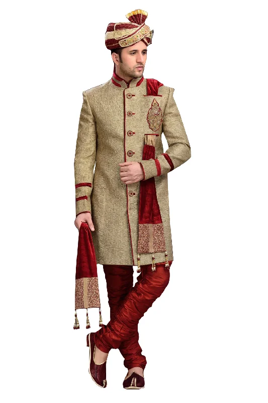 Amazing Deals Traditional Tan Brown Jute Silk Indian Wedding Sherwani For Men
