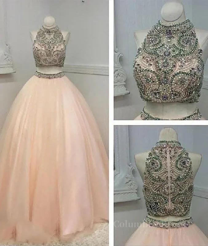 Special Savings Custom Made Two Pieces High-Neck Beaded Pink Tulle Corset Prom Dresses, Pink Evening Dresses outfit Special Savings Custom Made Two Pieces High-Neck Beaded Pink Tulle Corset Prom Dresses, Pink Evening Dresses outfit