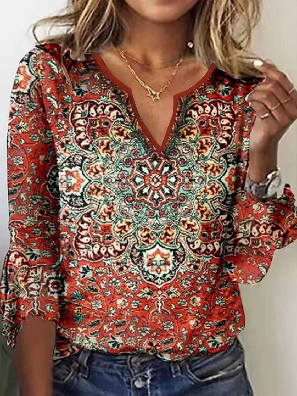 New Markdowns Women Ethnic Pattern Loose V Neck T-Shirt AT10012