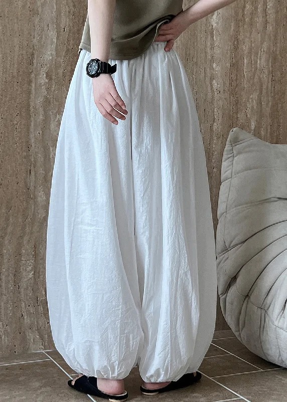 Deal Mania Style White Pockets Elastic Waist Cotton Lantern Pants Summer QK002